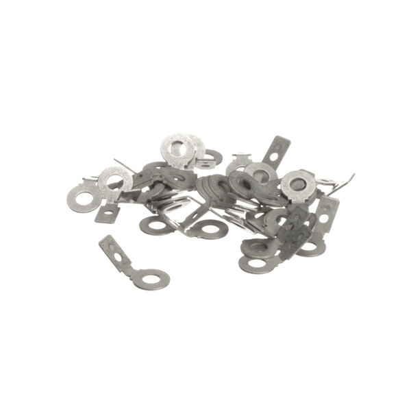 A pile of metal washers on a white background.