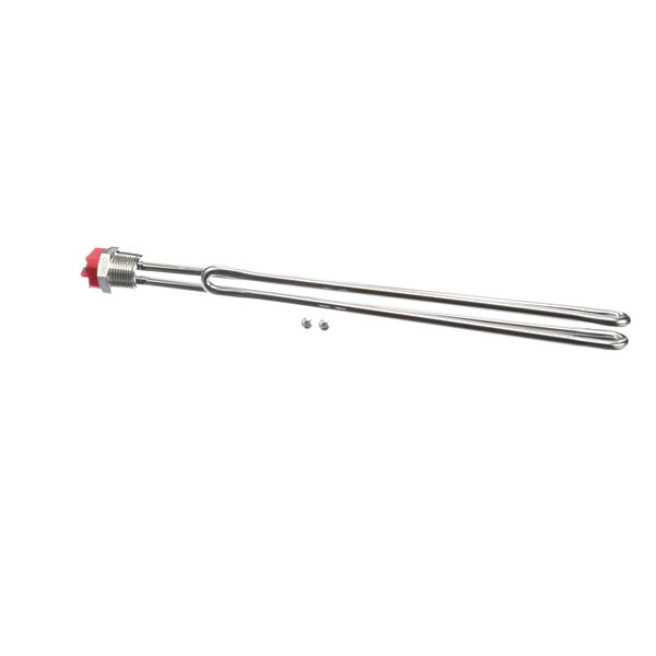 A stainless steel heater element with a red cap.