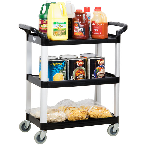 A black Vollrath utility cart with three shelves holding food items.