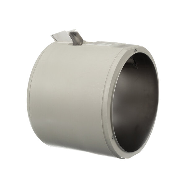 A white cylindrical storage bin with a metal clip.