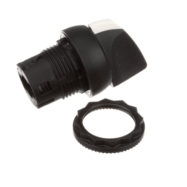 A black and white Accutemp rotary switch with a black plastic knob and metal ring.