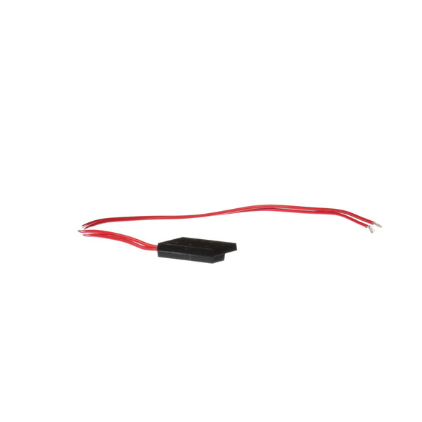 A white box with a black cap and a black and red wire coming out of it.