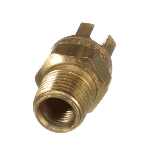 A close-up of a brass threaded pipe fitting on a white background.