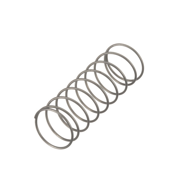 A close-up of a Univex metal compression spring on a white background.