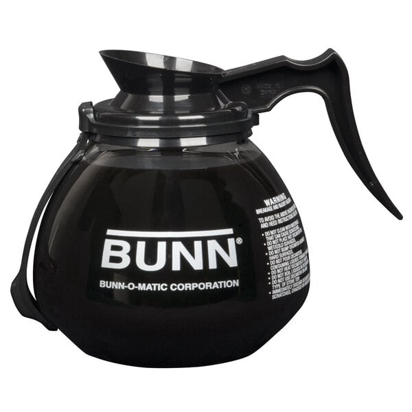 A black Bunn glass coffee decanter with a black handle.