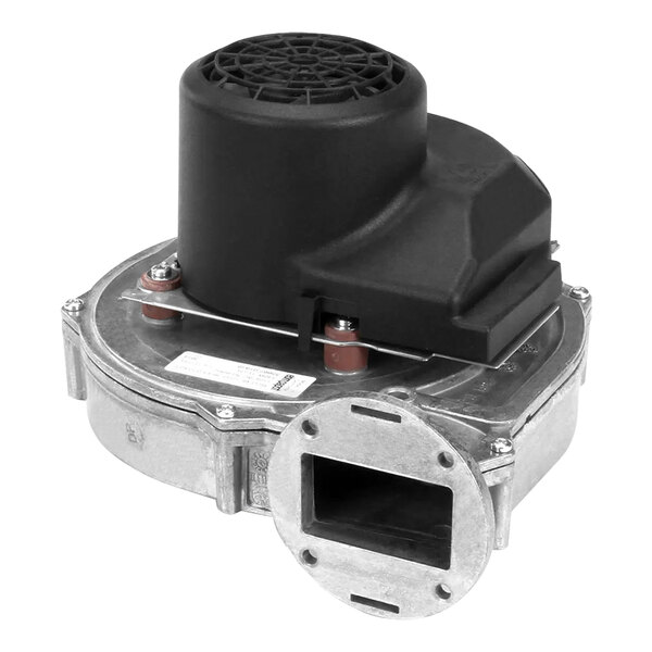 A black and silver Convotherm burner blower with a round hole in the black cover.