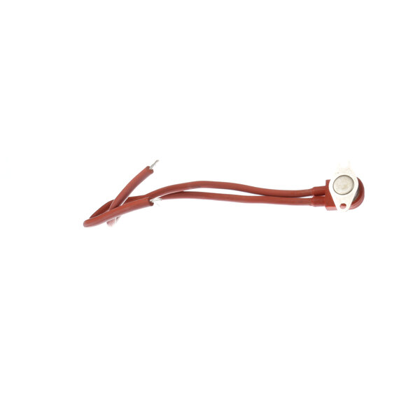 A red and white cable with a white plug attached to a red wire with a round white button.