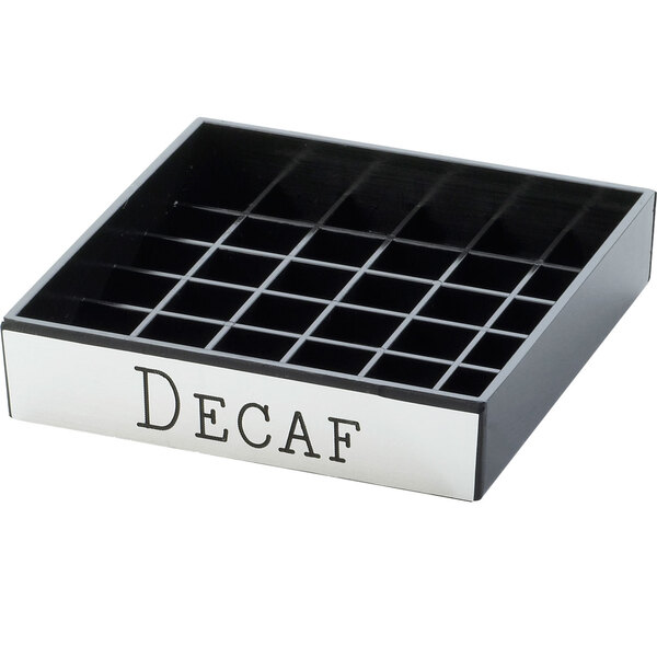 A black and white Cal-Mil drip tray with the word "Decaf" in silver.