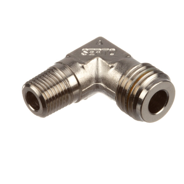 A close-up of a Franke stainless steel elbow pipe fitting.