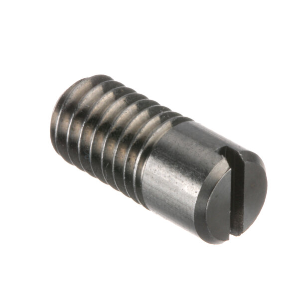 A close-up of a black screw with a white background.