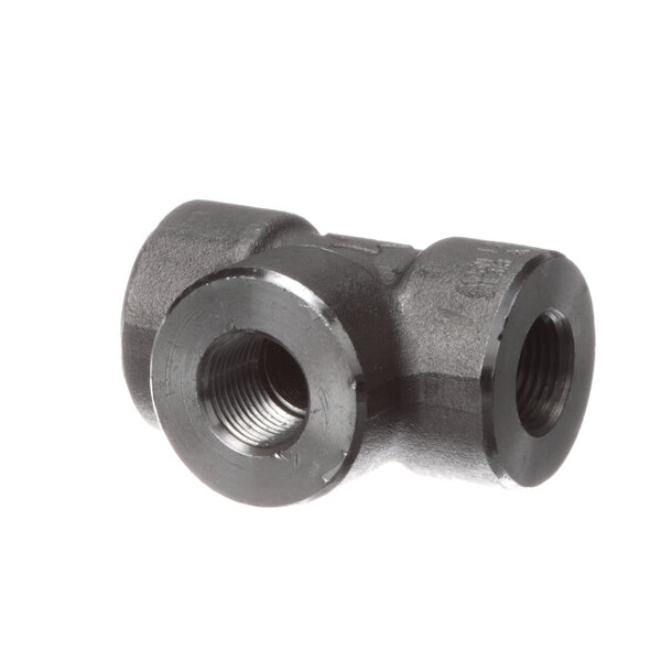 A black metal pipe fitting with a nut.