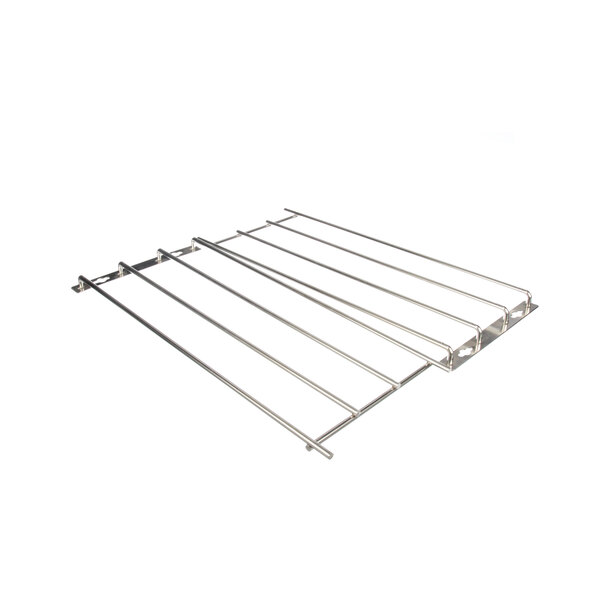 A metal oven rack with four metal rods.