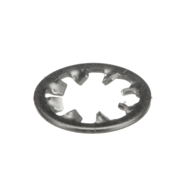 A black metal circular lock washer with holes in it.