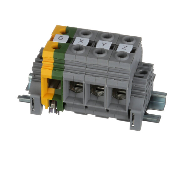 A US Range terminal block with three terminals, two yellow and one grey.