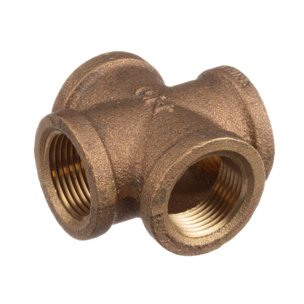 A bronze Cleveland 4-way cross pipe fitting.