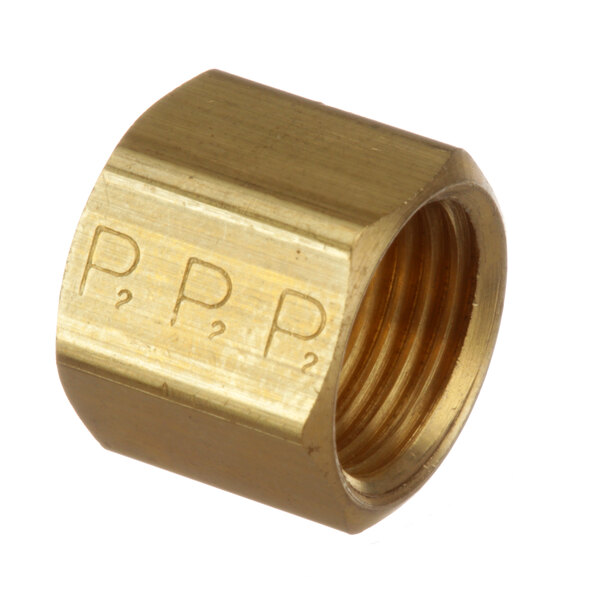 A gold metal Vulcan FP-047-35 fitting with writing on it.