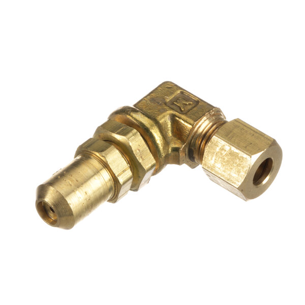 A brass US Range orifice fitting with a nut on a gold metal pipe.