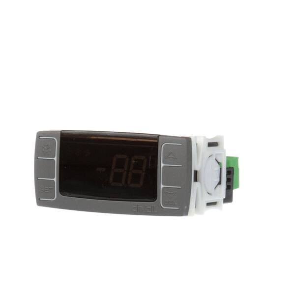 A grey and white digital temperature controller with a black screen.
