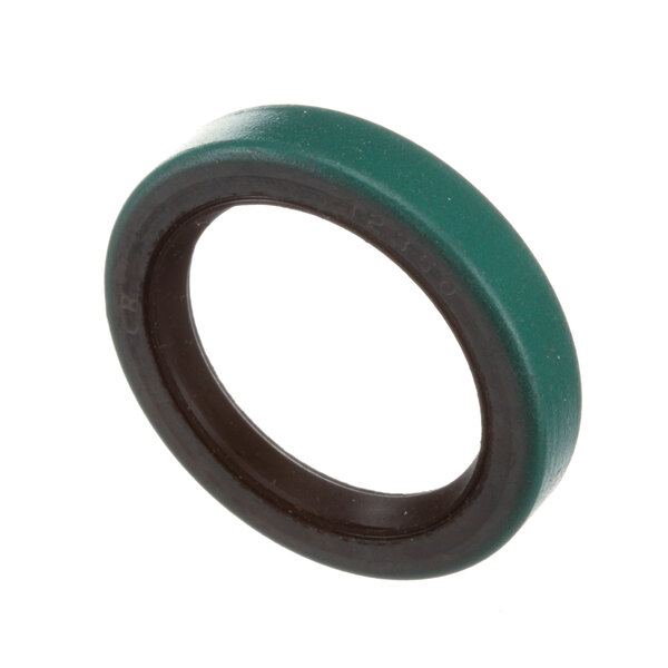 A close-up of a green and black rubber oil seal ring.