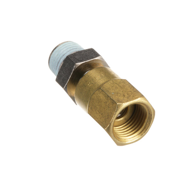 A brass and black metal nut with threading.
