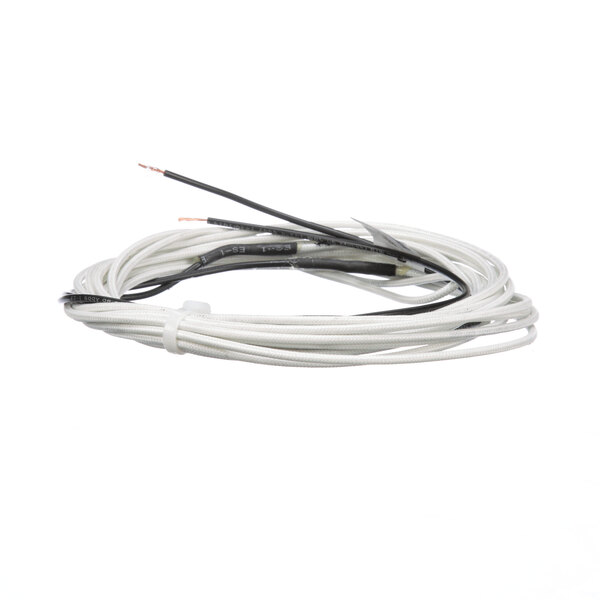 A white cable with two wires and a black wire attached to a Norlake door heater.