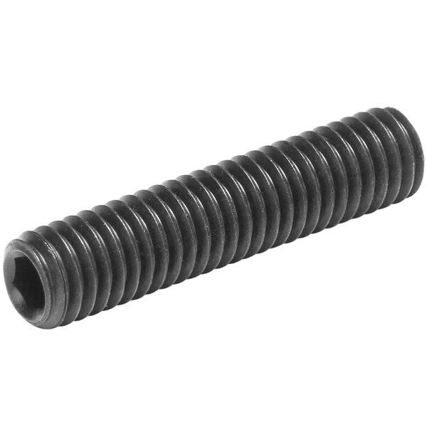 A close-up of a Crown Steam alloy steel set screw with a black cup point.