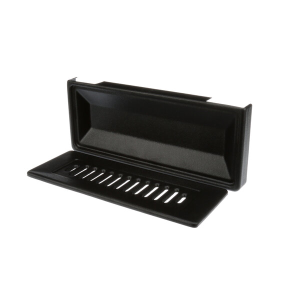 A black plastic rectangular tray with holes in it.