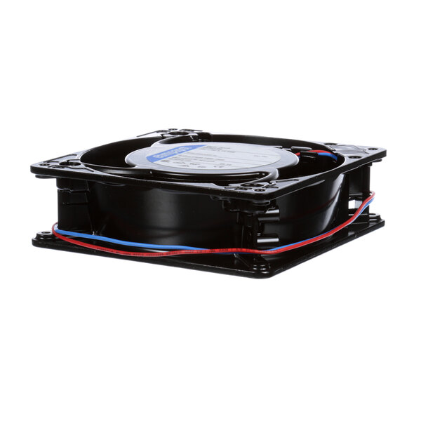 A black Rational cooling fan with red and blue wires.