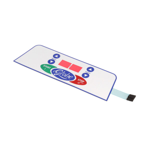 A white rectangular Globe membrane switch with blue and red buttons.