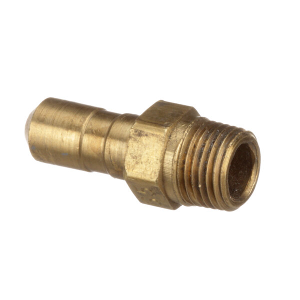 A close-up of a brass threaded hose fitting.