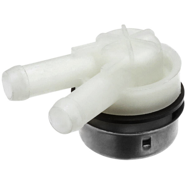 A white plastic Fagor Commercial antireturn valve with two nozzles.