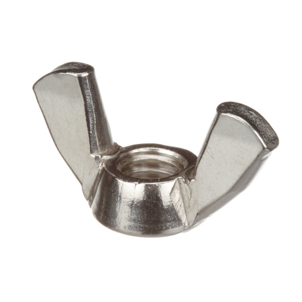 A close-up of a stainless steel Blakeslee wing nut with two handles.