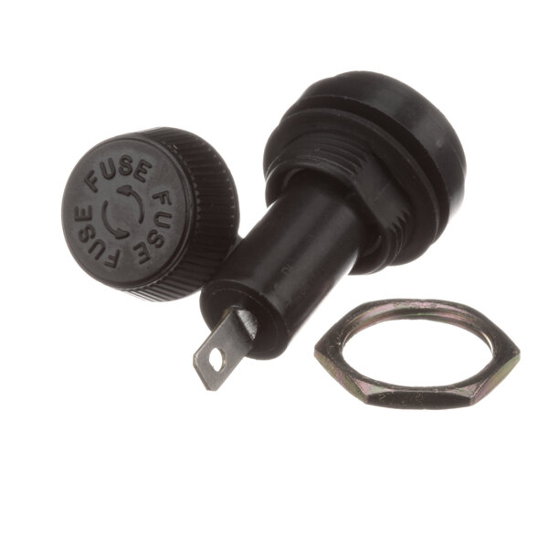 A close-up of a black US Range fuse holder with a black plastic switch and nut.