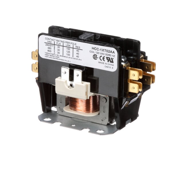 A black and silver Master-Bilt contactor with copper wires.