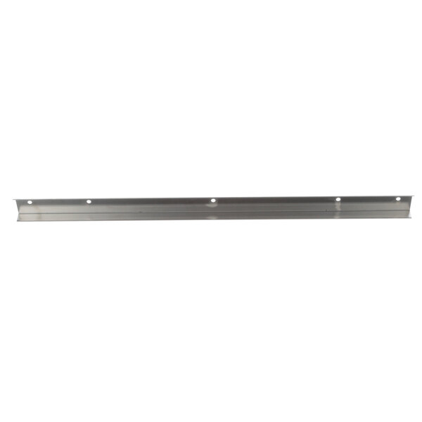 A stainless steel metal bar with two holes in the center.