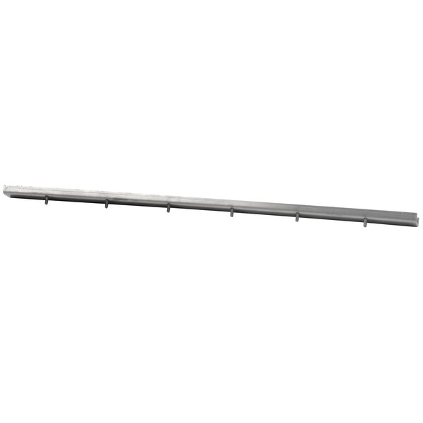 A long metal rod with hooks and holes on the ends, used to support grates.