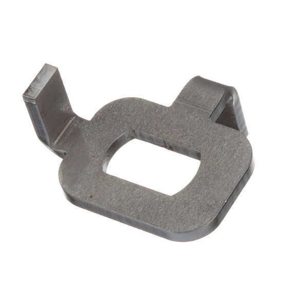 A metal square-shaped metal latch with a hole in it.