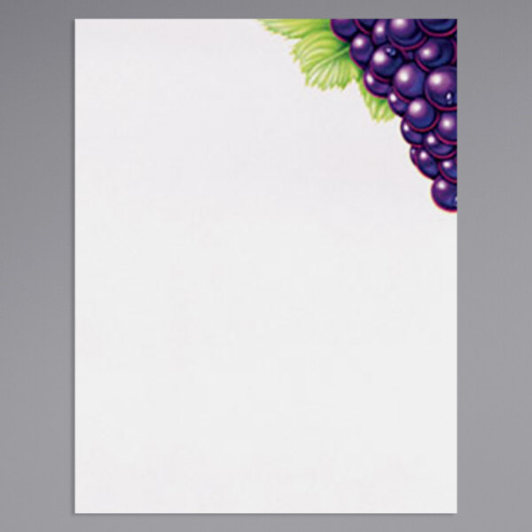 White menu paper with a wine-themed column design featuring grapes.