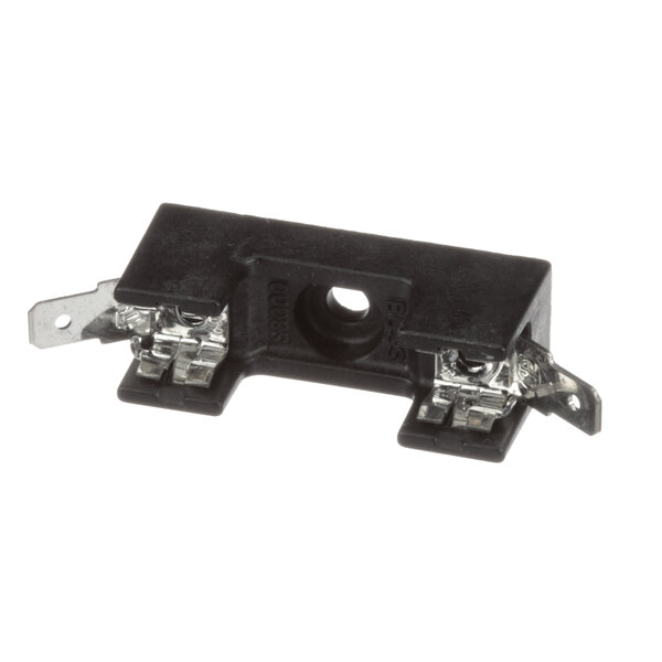 A black plastic Groen fuse holder with metal clips.