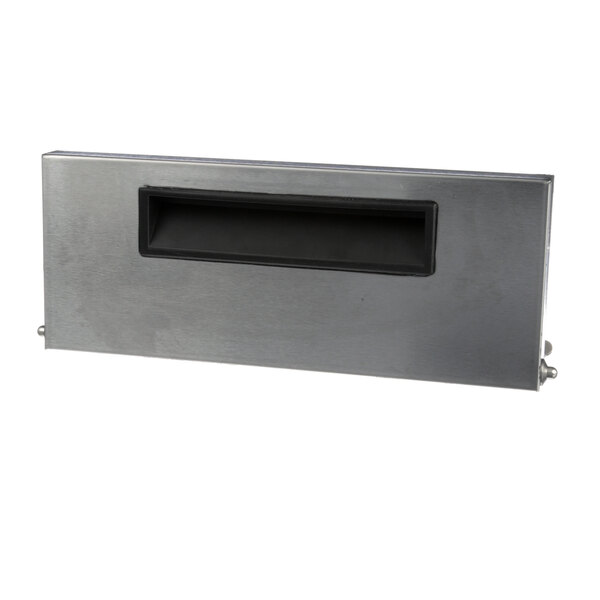 A rectangular metal door with a black handle.