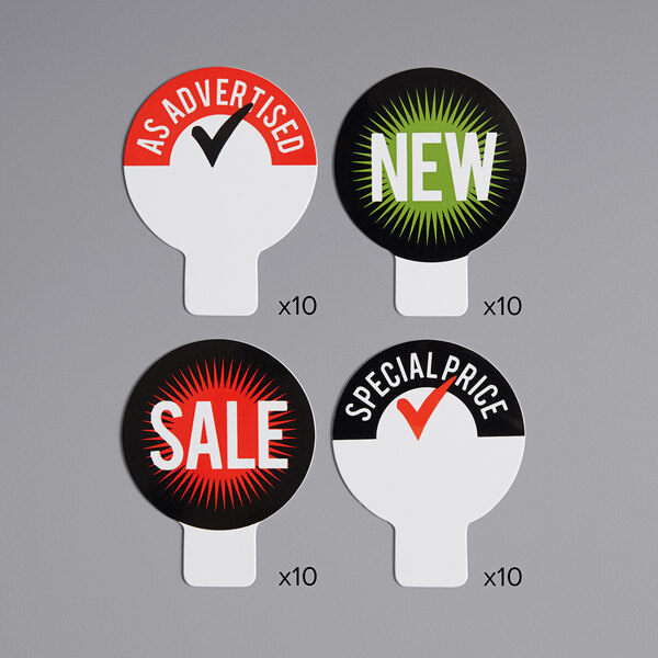 A group of Ketchum Manufacturing round deli tag toppers with the words new and sale in black and white.