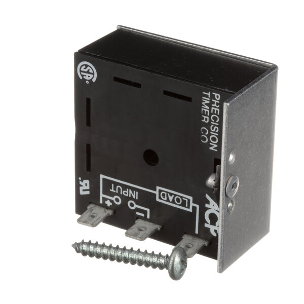 A black square Blodgett 21051 timer with metal screws.