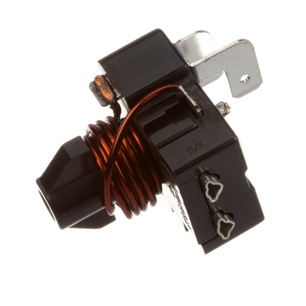 A close-up of a Duke 217883 black electrical relay with wires attached.