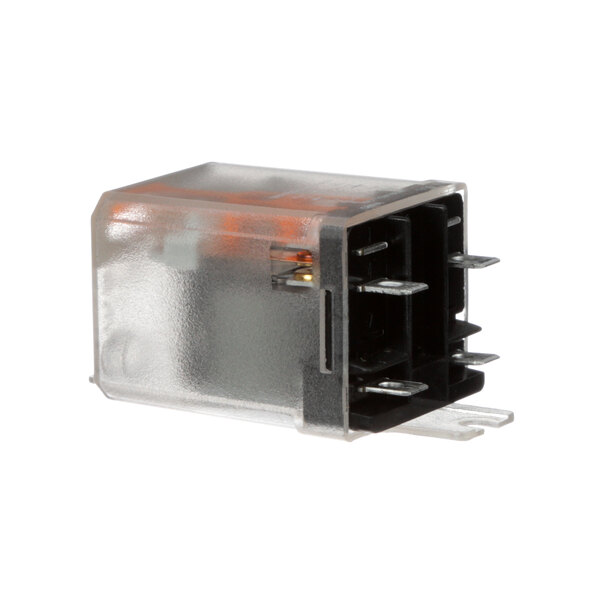 A close-up of a clear plastic Delfield relay with an orange wire.