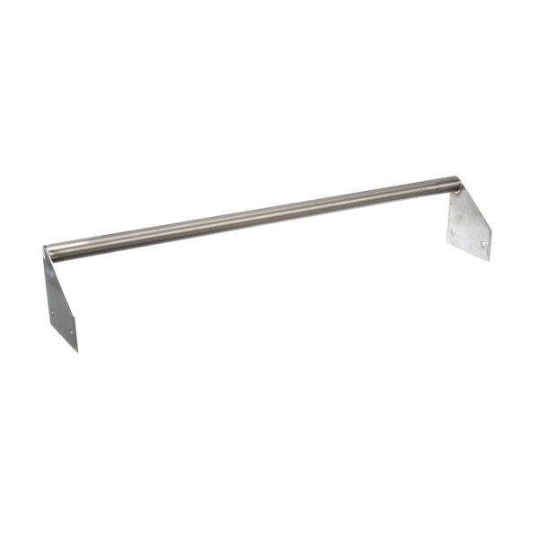 A stainless steel metal door handle on a long metal rod.