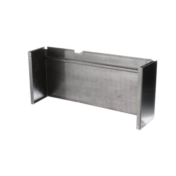 A metal box with a hole on a stainless steel shelf.