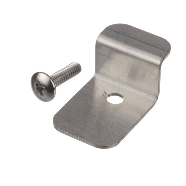 A metal bracket with a stainless steel screw attached.
