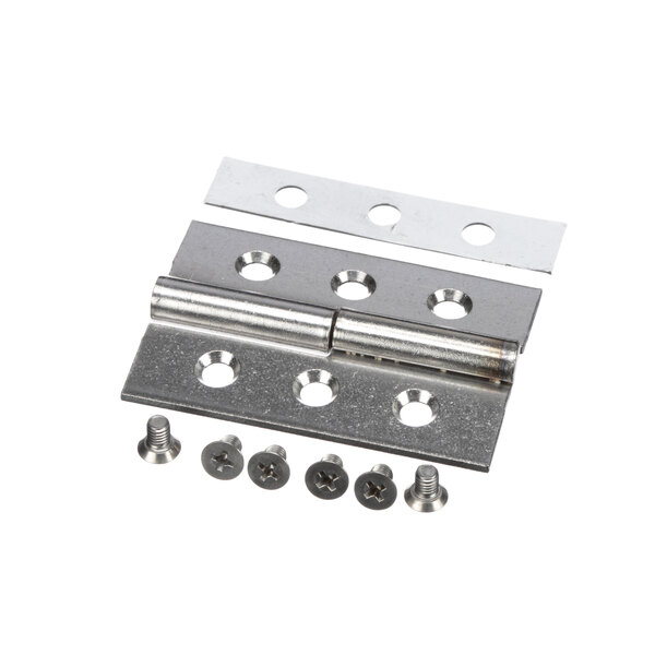 A close-up of a NU-VU stainless steel flush mount right hinge kit with screws.