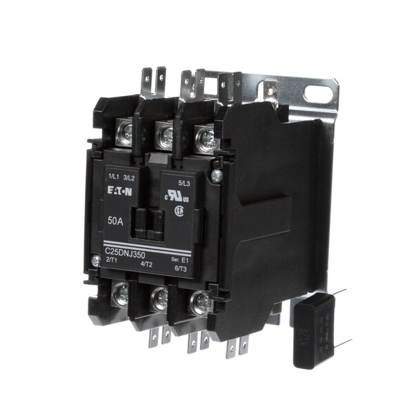 A black Giles 32208 contactor with metal plates and three switches.