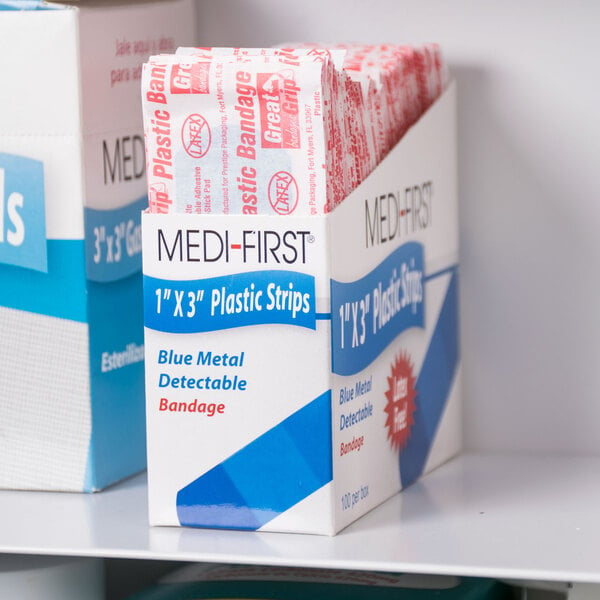Medique 67133 Medi-First 1" x 3" Blue Plastic Adhesive Strip Bandage - 100/Box
